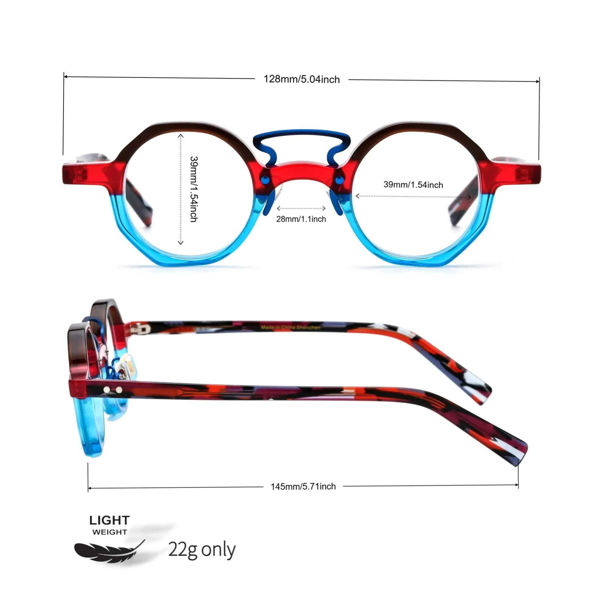 Size guide for VoyueLens™ VL19244 geometric acetate eyeglasses, including frame width, lens dimensions, bridge width, temple length, and weight optimized for small faces